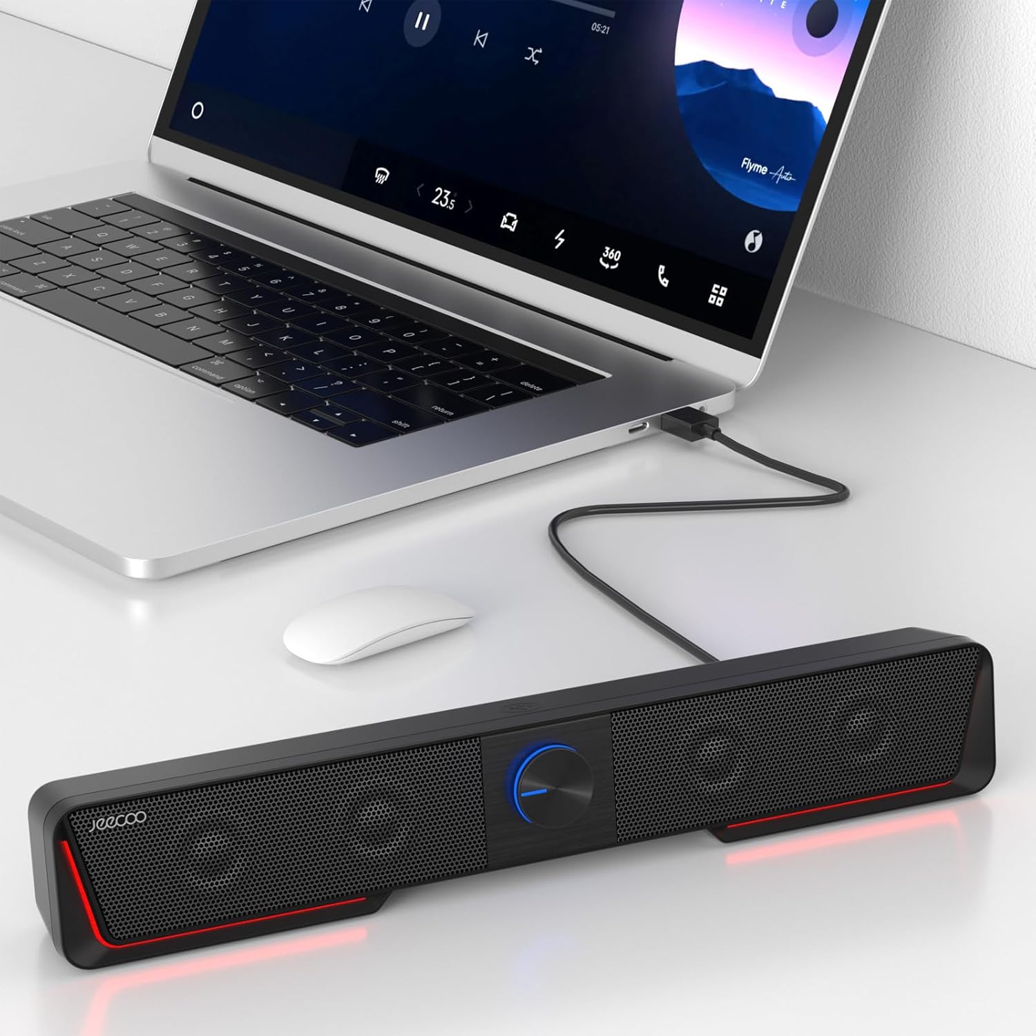 Jeecoo A40 PC Speakers Computer Sound Bar for Desktop Monitor Laptop, Stereo Sound with Vibrating Diaphragms, Touch-Control Flowing LED, Bluetooth & USB Input (Not 3.5mm Jack)