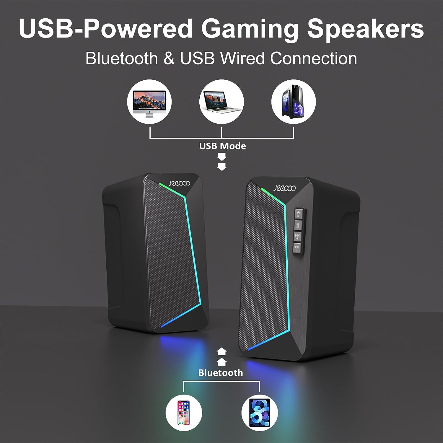 Jeecoo M30 Bluetooth Computer Speakers, RGB PC Gaming Speakers for Desktop with Crisp Stereo Sound, Dynamic LED Modes, Easy-Access Control, 10W - USB-Powered (Not 3.5mm Aux)