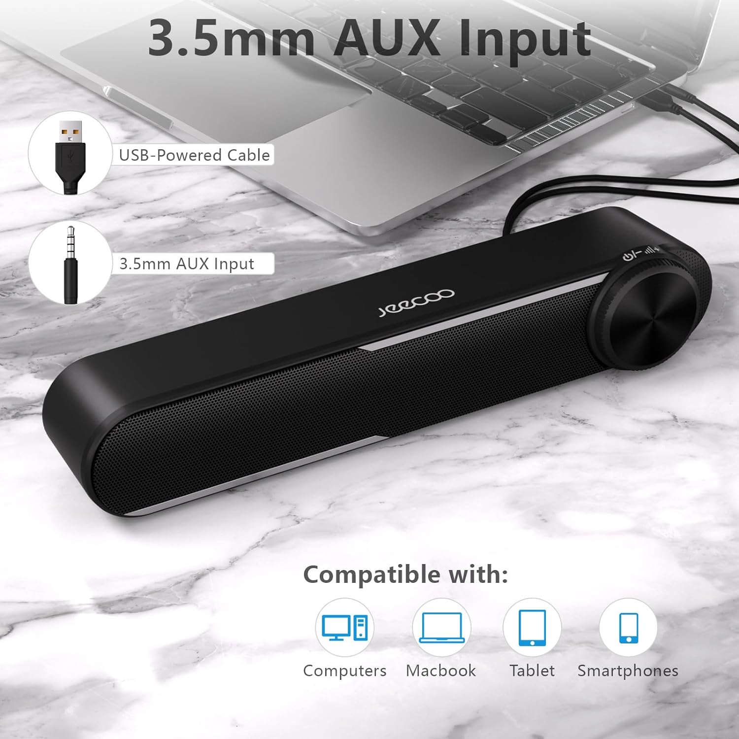 Jeecoo A30 Computer Speakers for Desktop Monitor, 13.78in Mini PC Speaker Sound Bar - Clear Loud Sound, Wired USB-Powered w/3.5mm AUX, Big Dial Volume Control - Laptop Tablet Mobile Devices Compatible