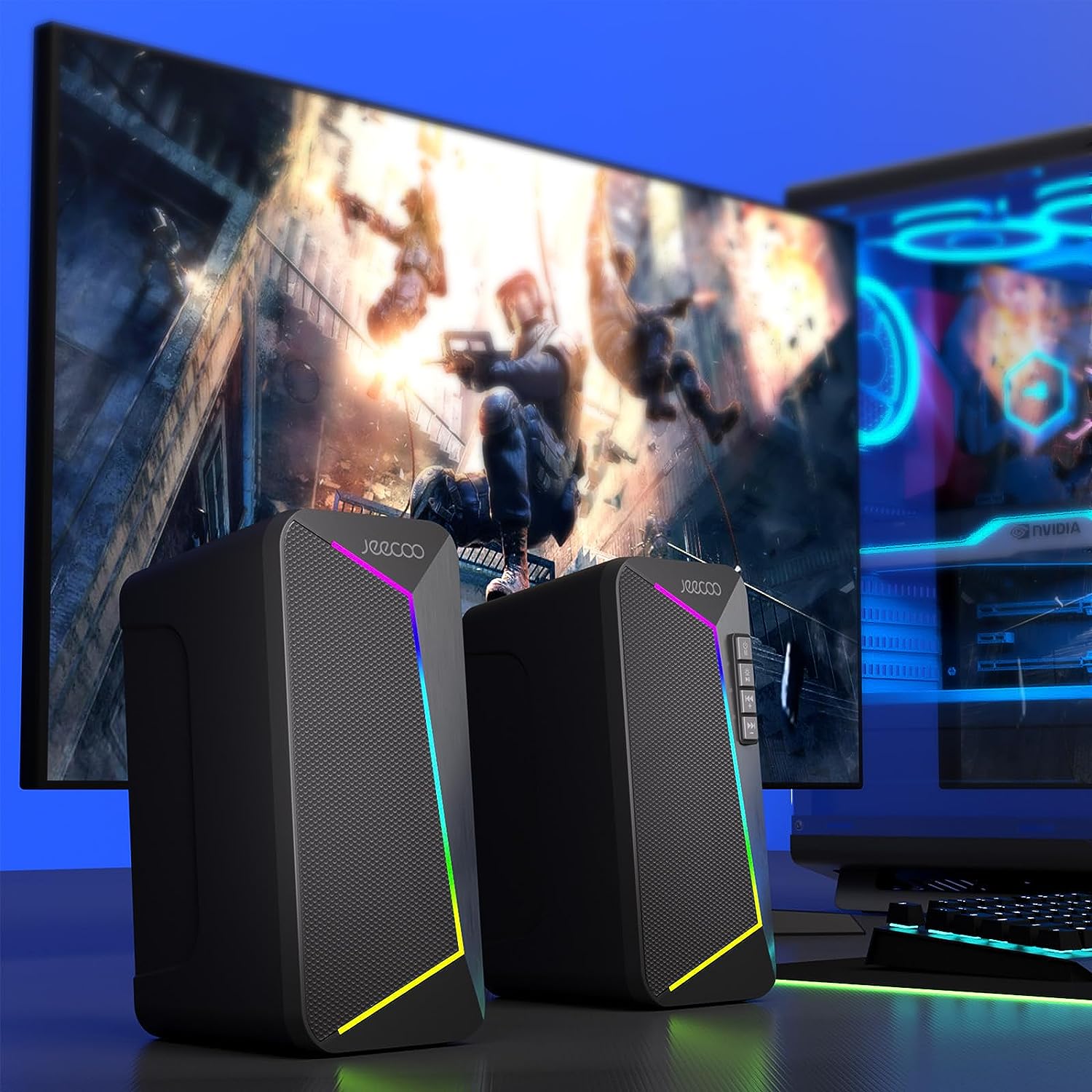 Jeecoo M30 Bluetooth Computer Speakers, RGB PC Gaming Speakers for Desktop with Crisp Stereo Sound, Dynamic LED Modes, Easy-Access Control, 10W - USB-Powered (Not 3.5mm Aux)