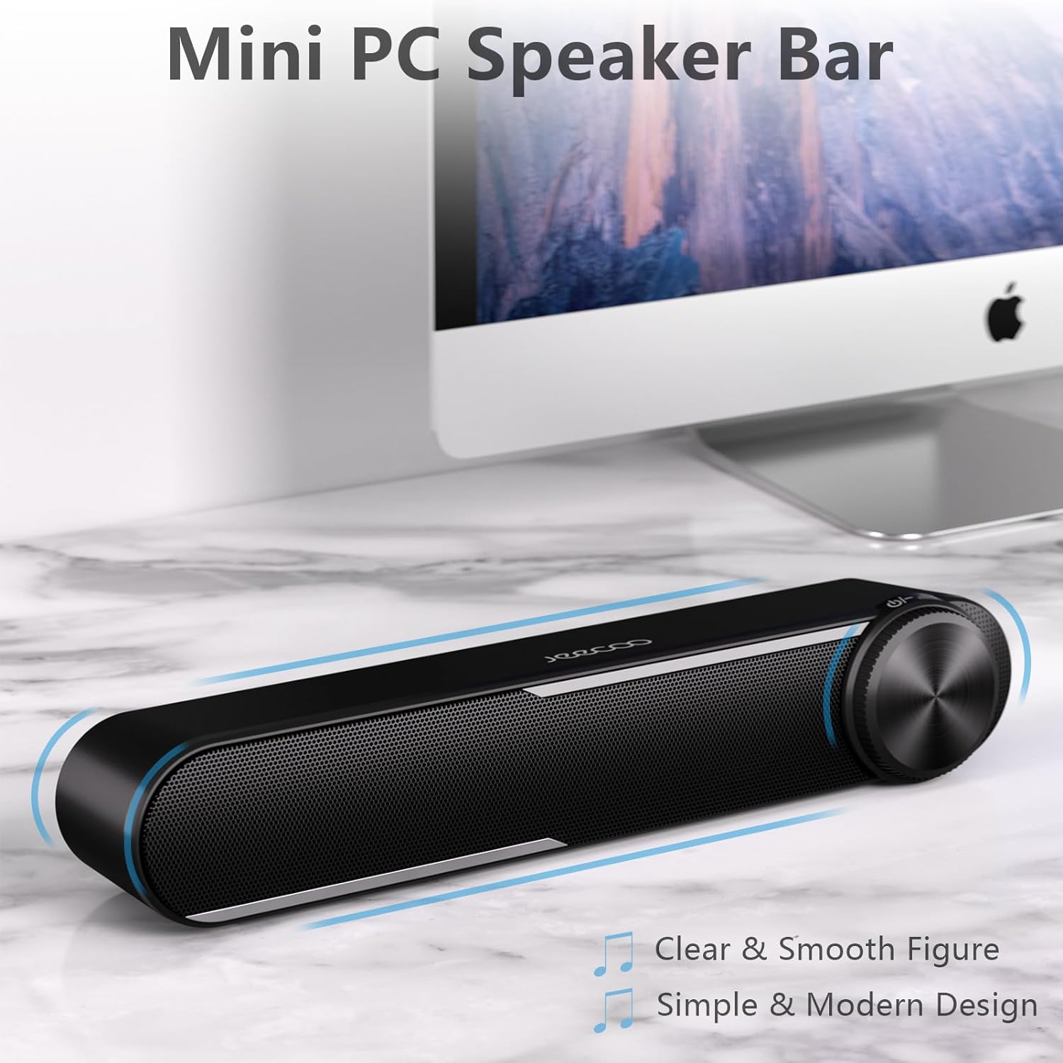 Jeecoo A30 Computer Speakers for Desktop Monitor, 13.78in Mini PC Speaker Sound Bar - Clear Loud Sound, Wired USB-Powered w/3.5mm AUX, Big Dial Volume Control - Laptop Tablet Mobile Devices Compatible