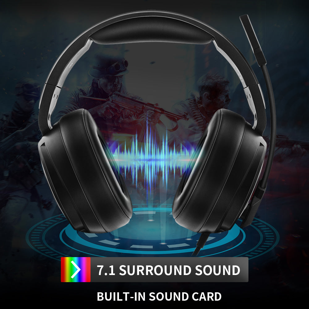 Jeecoo V20U USB Pro Gaming Headset for PC - 7.1 Surround Sound Headphones with Noise Cancelling Microphone- Memory Foam Ear Pads RGB Lights for Laptops