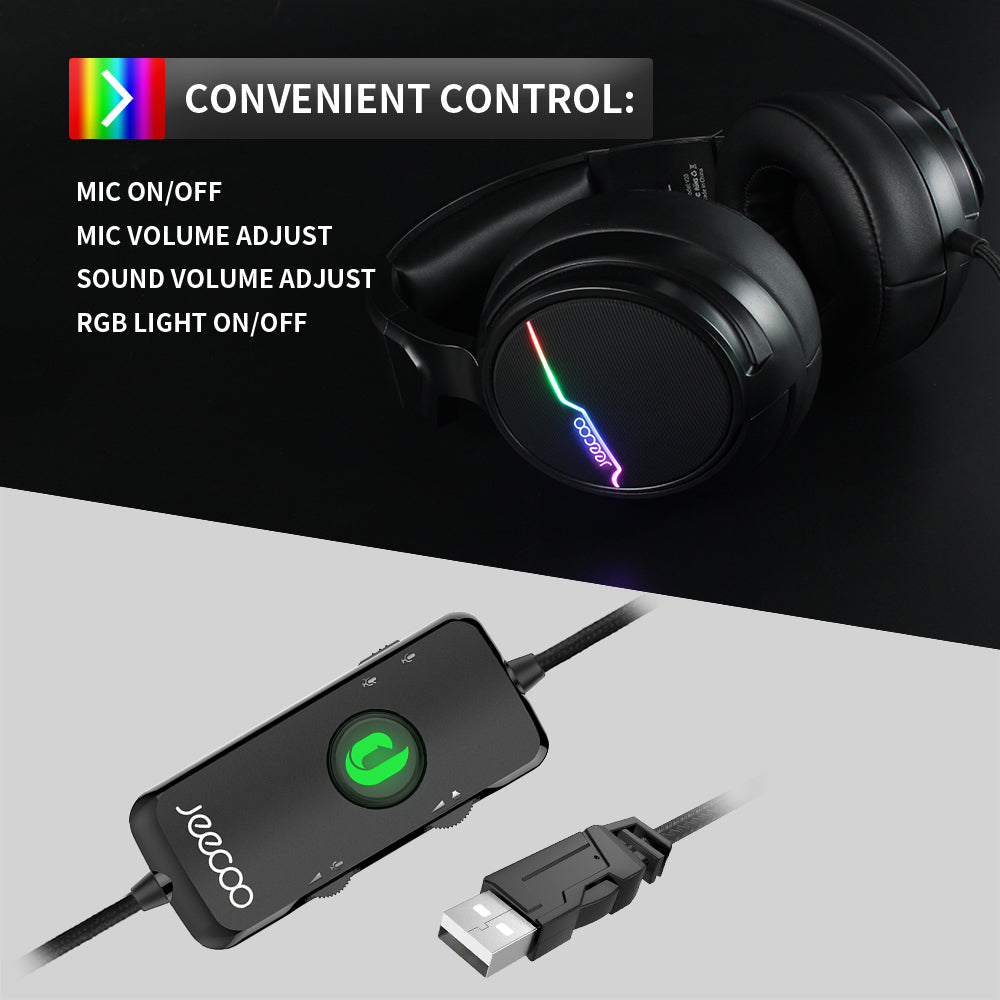 Jeecoo V20U USB Pro Gaming Headset for PC - 7.1 Surround Sound Headphones with Noise Cancelling Microphone- Memory Foam Ear Pads RGB Lights for Laptops