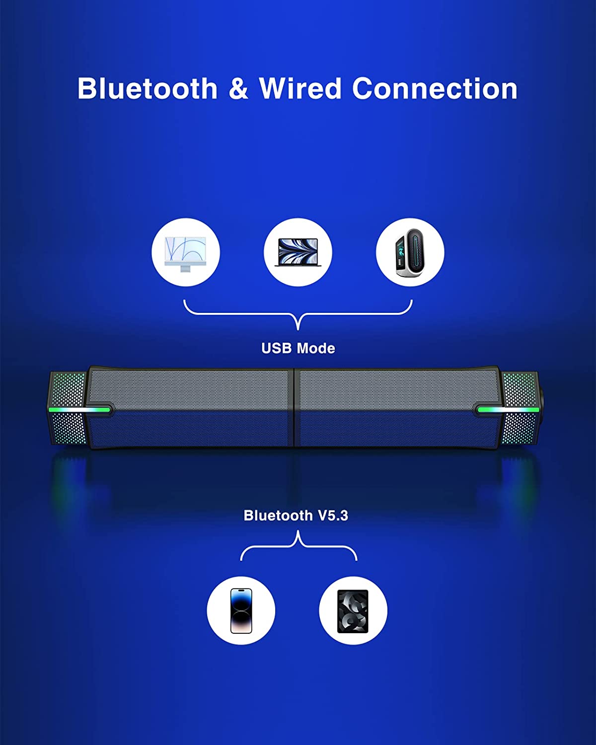 Jeecoo M20 Computer Speakers for PC Desktop Monitor, Bluetooth V5.3 PC Sound Bar - Wired USB-Powered, Superb Stereo Sound, with Gradient RGB Lighting - Combine/Separate to Customize Your Desk