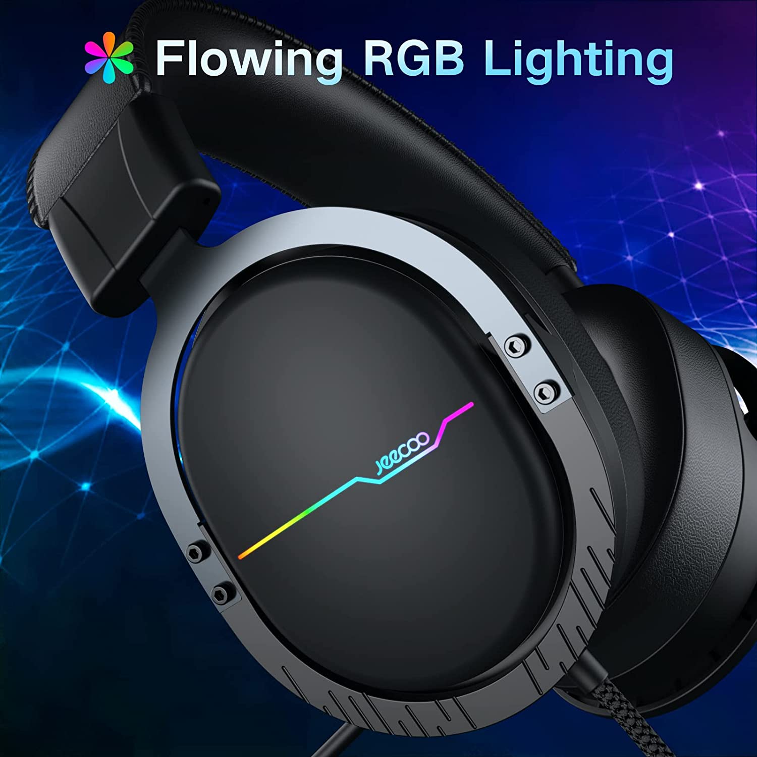 Jeecoo J75 USB Gaming Headset for PC - 7.1 Surround Sound, Retractable Clear Microphone, Ultra-Soft Memory Foam Ear Pads, Flowing RGB Lighting - Compatible with Laptops Desktop Computers
