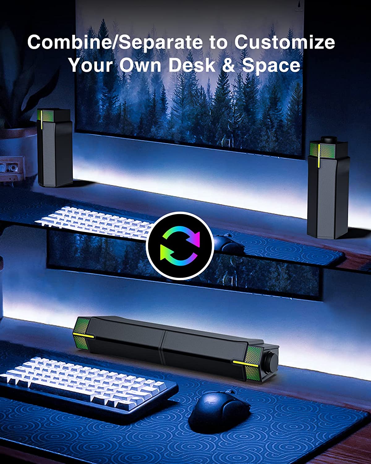 Jeecoo M20 Computer Speakers for PC Desktop Monitor, Bluetooth V5.3 PC Sound Bar - Wired USB-Powered, Superb Stereo Sound, with Gradient RGB Lighting - Combine/Separate to Customize Your Desk