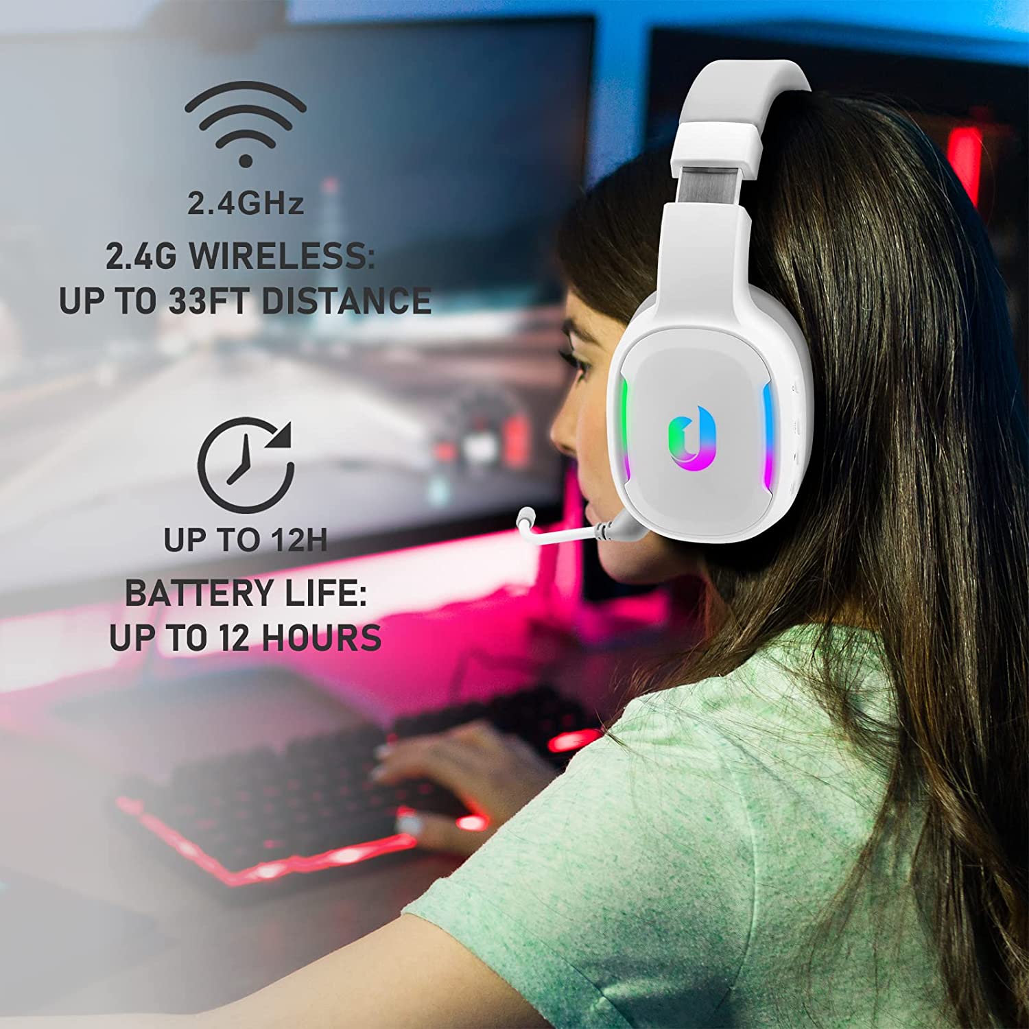 Jeecoo G80 Wireless Gaming Headset - 7.1 Surround Sound, Detachable Noise Canceling Mic, Low Latency 2.4GHz Wireless Gaming Headphones, Shining RGB - Works with PS4 PS5 PC Laptop Computers